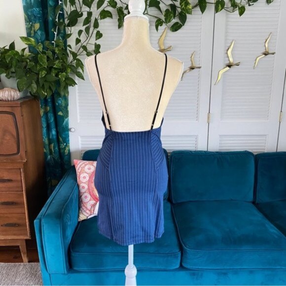 Urban Outfitters | Complex High Neck Mini Dress Blue Multi Pinstripe Stretch New - Picture 11 of 15